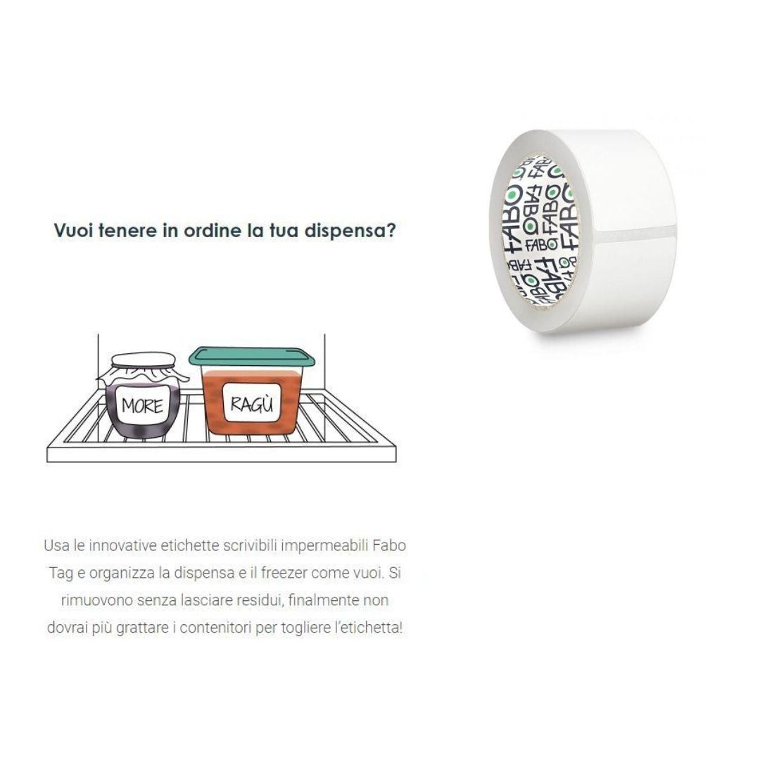 Rotolo di etichette scrivibili impermeabili e disegno su come utilizzarle 