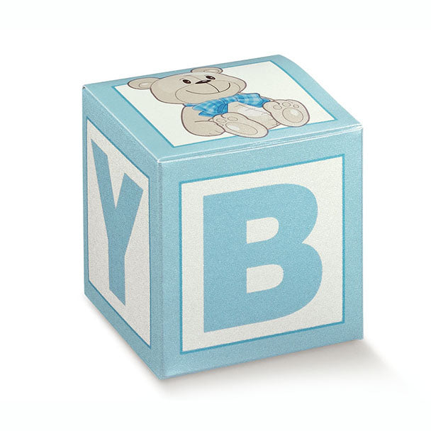 Cubo bomboniera azzurro con orsetto e una B ed una Y