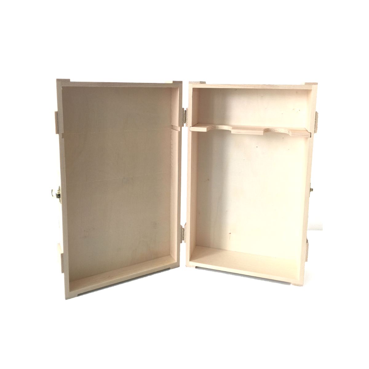 Cassetta di legno aperta e vuota per due bottiglie di vino 