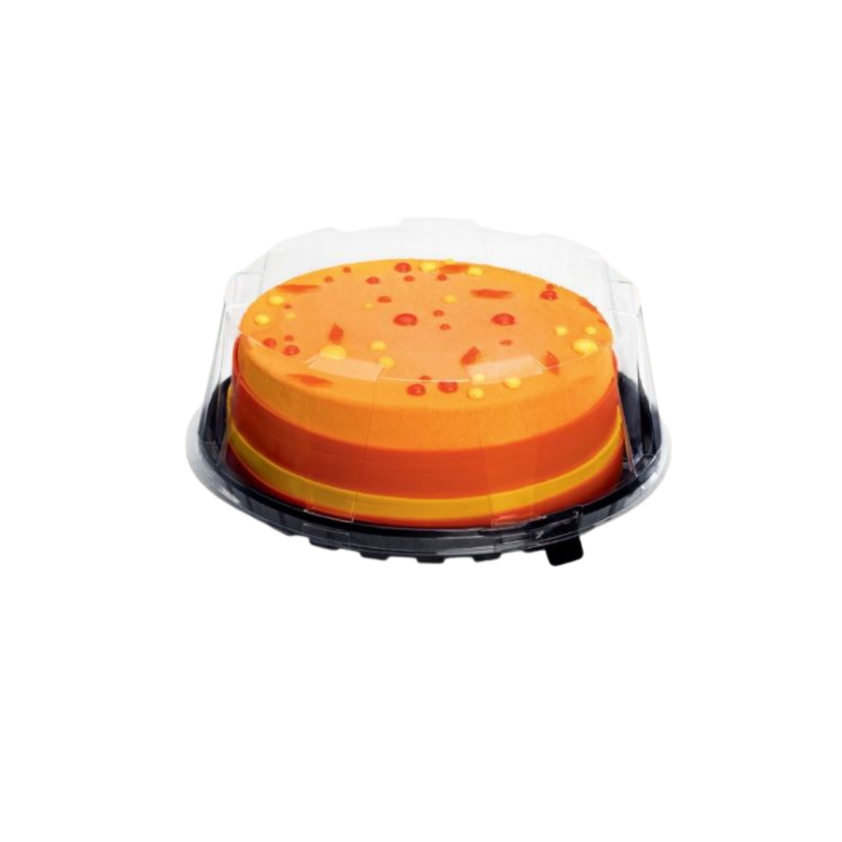Scatola per torta in plastica, base nero e coperchio trasparente con dentro una torta 