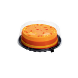 Scatola per torta in plastica, base nero e coperchio trasparente con dentro una torta 