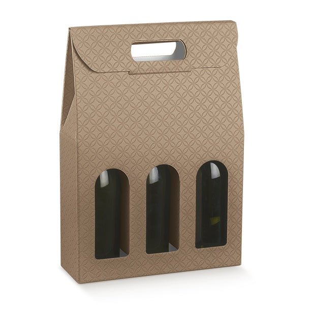 Confezione per tre bottiglie di vino, con tre finestre, di cartone, color avana 