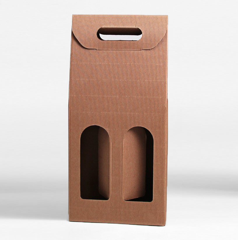 Scatola porta due bottiglie di vino con due finestre di cartone rigato, color avana 
