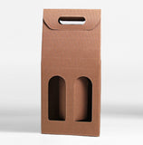 Scatola porta due bottiglie di vino con due finestre di cartone rigato, color avana 