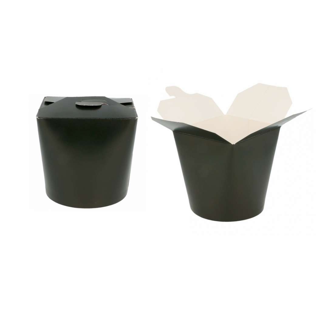 Contenitore per cibi da asporto, nero, mostrato chiuso ed aperto