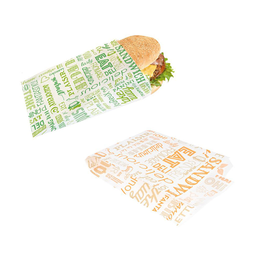 Busta di carta porta panino con fantasia parole una con un panino e grafica verde ed una vuota con parole arancioni 