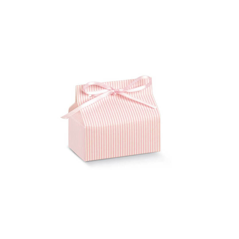 Scatola porta confetti con fiocco rosa e righe verticali sottili bianche e rosa 