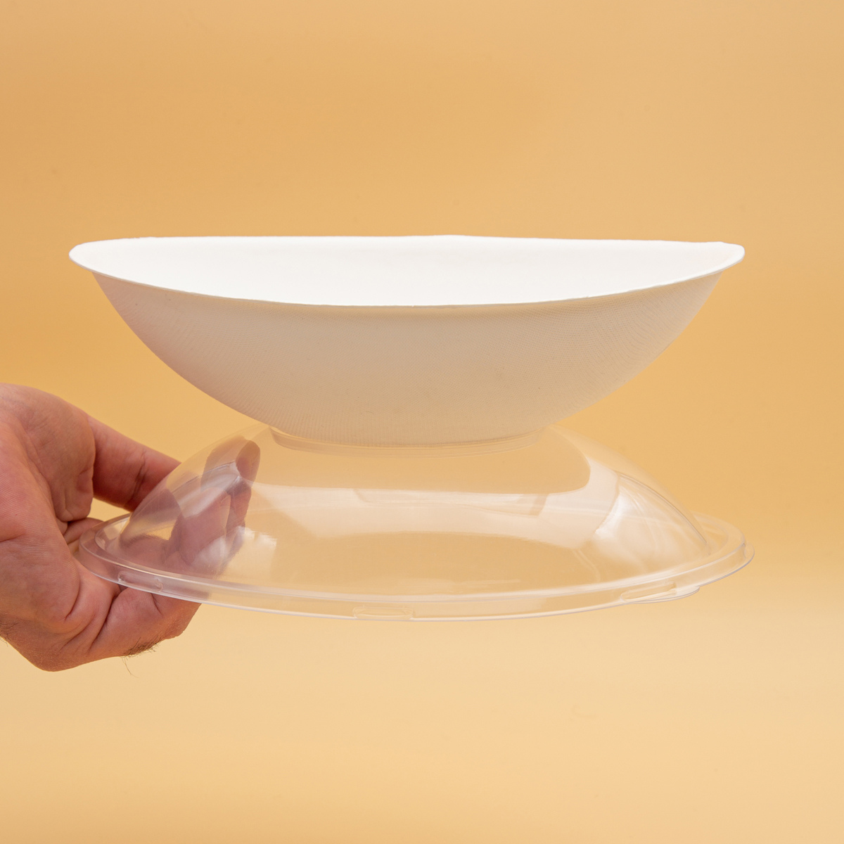 Ciotola di plastica bianca cn suo coperchio trasparente retta da una manao 