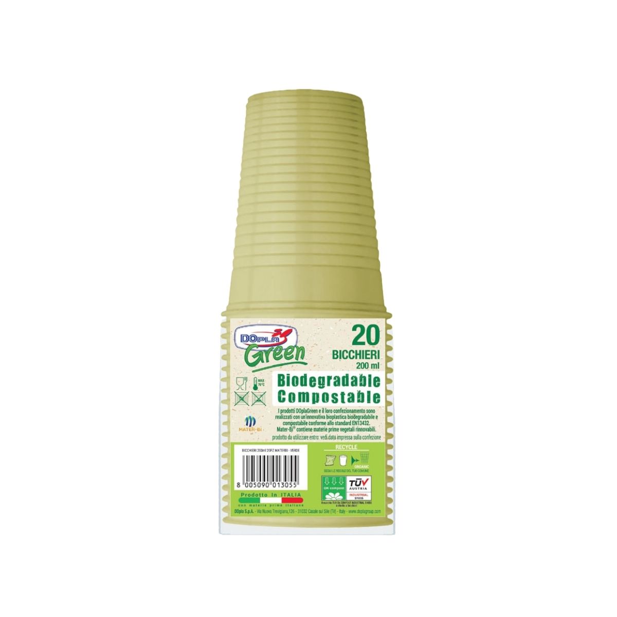 Bicchieri verdi compostabili impilati