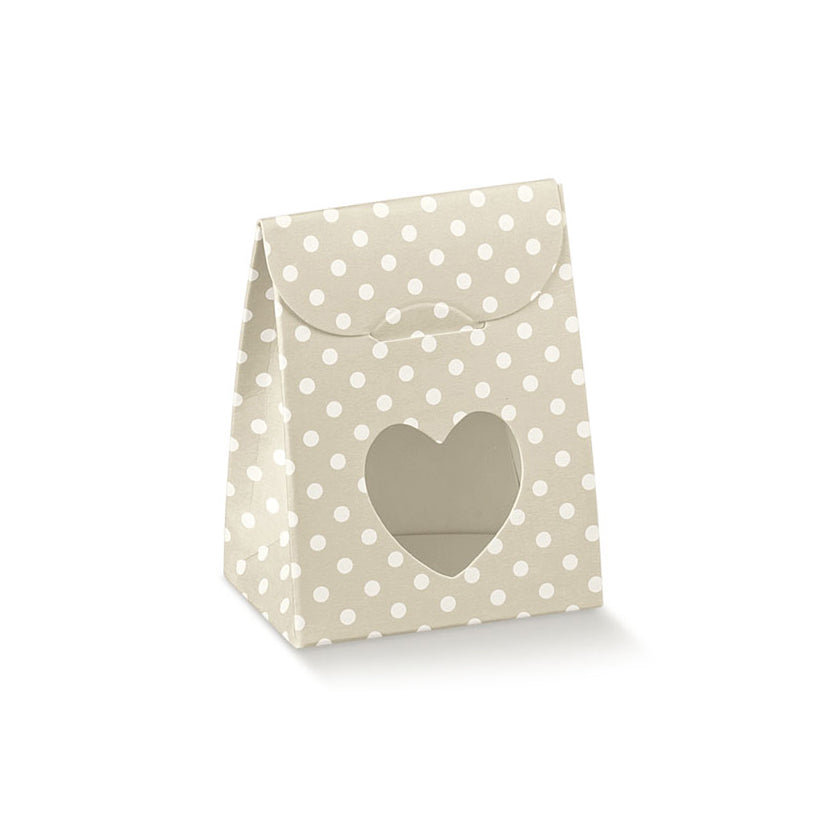 Scatolina porta confetti con finestra a cuore, pois bianchi 