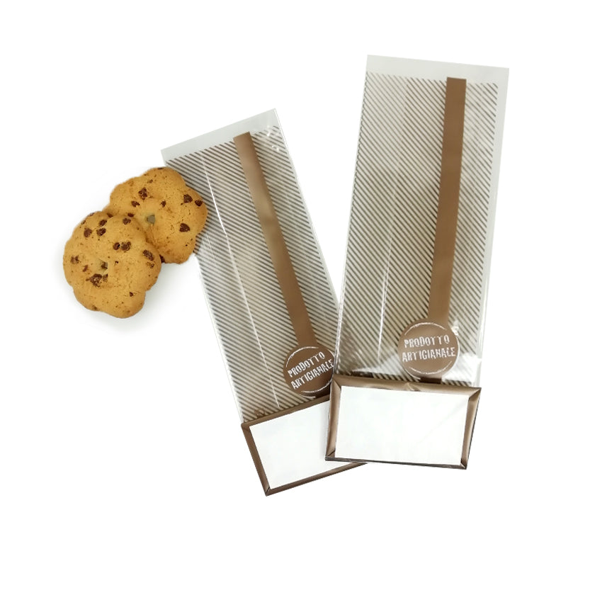 Buste di plastica a righe con scritta prodotto artigianale