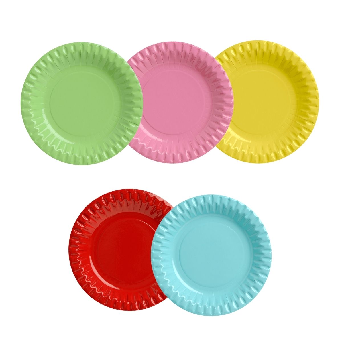 Piatti di carta monouso di diversi colori: verde, rosa, giallo, rosso, azzurro