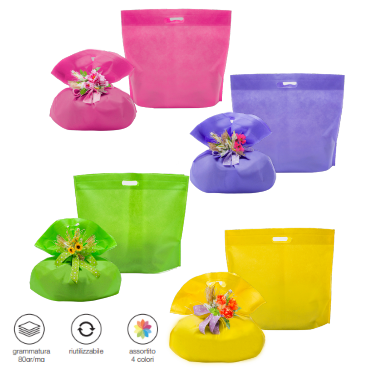 Buste per panettone e colomba, di carta, per pacchi, una rosa, una viola, una verde ed una gialla, mostrate vuote e piene