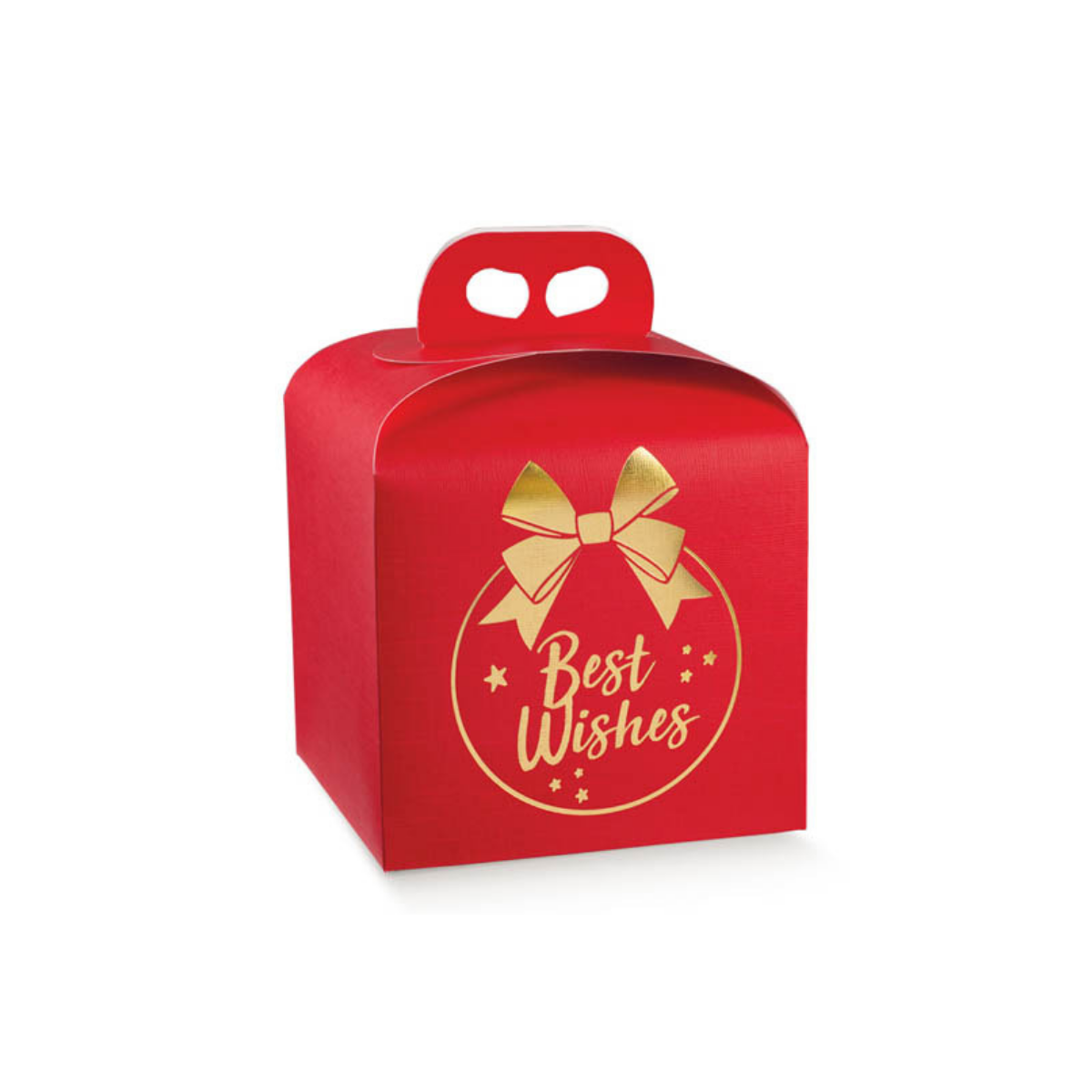 Scatola panettone rossa con scritta dorata 