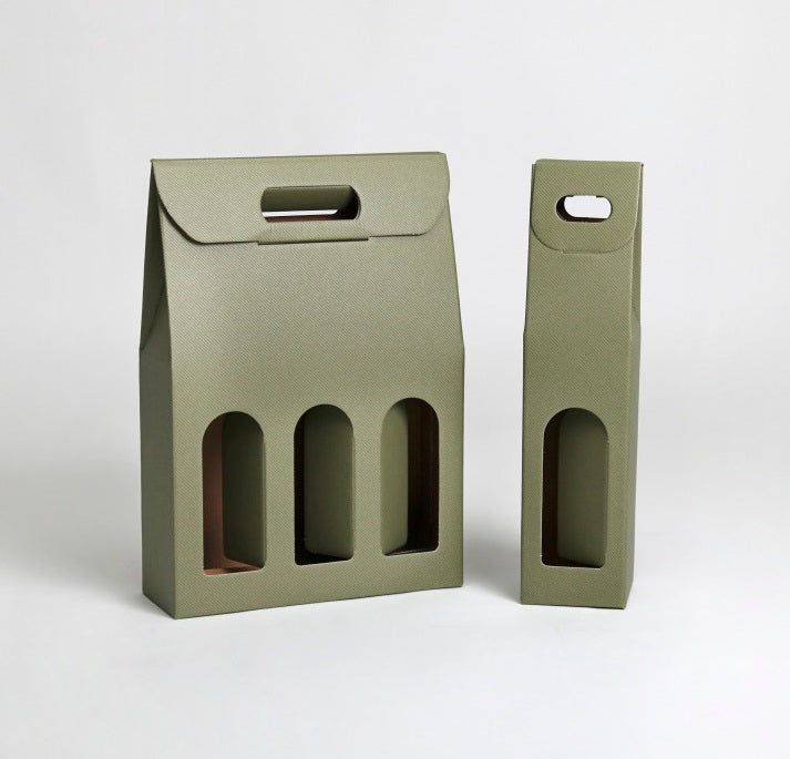 Scatole porta vino, vuote, di cartone, verdi, una da una bottiglia ed una da tre 