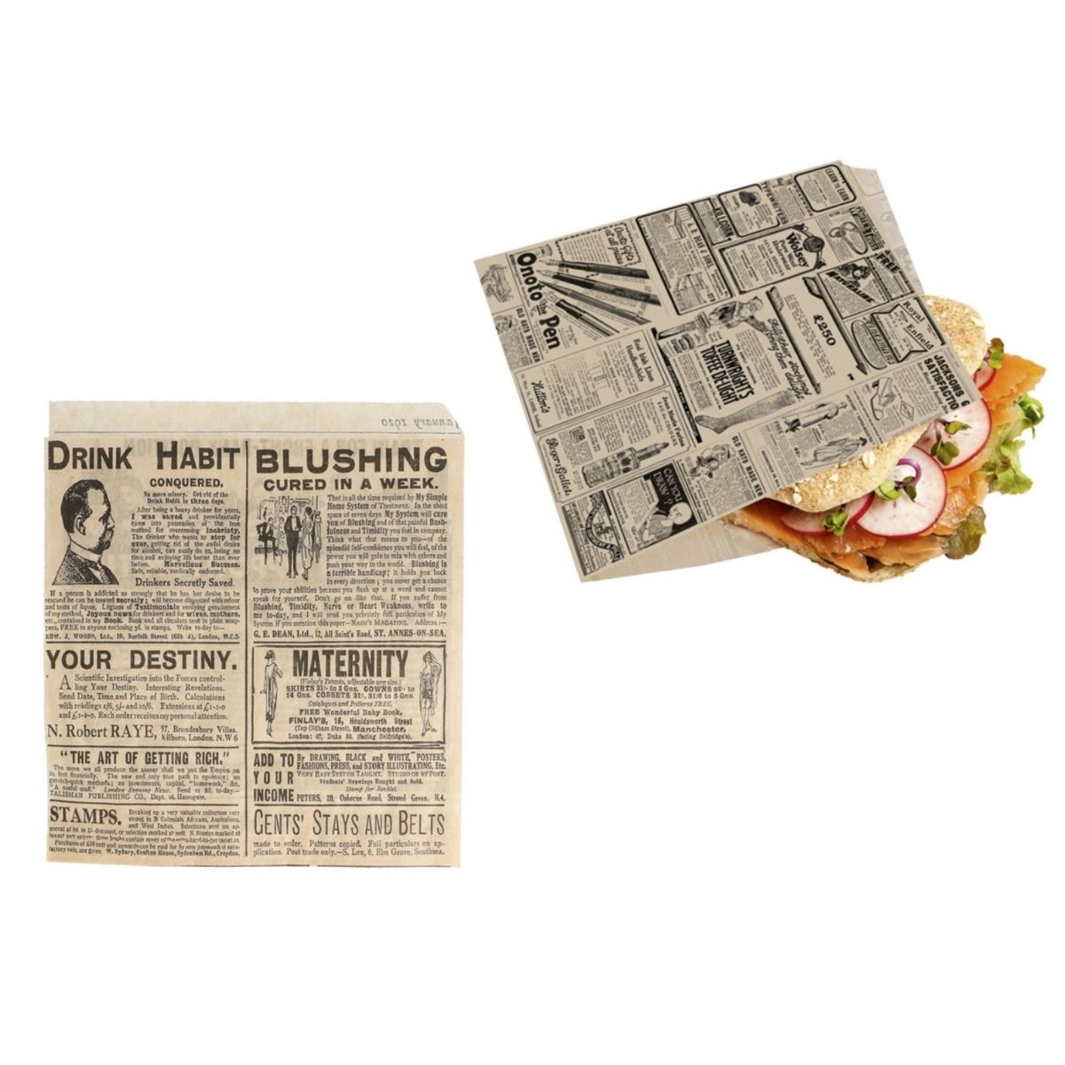 Sacchetto per panino di carta color avana e grafica giornale retrò, mostrato steso e con focaccia dentro