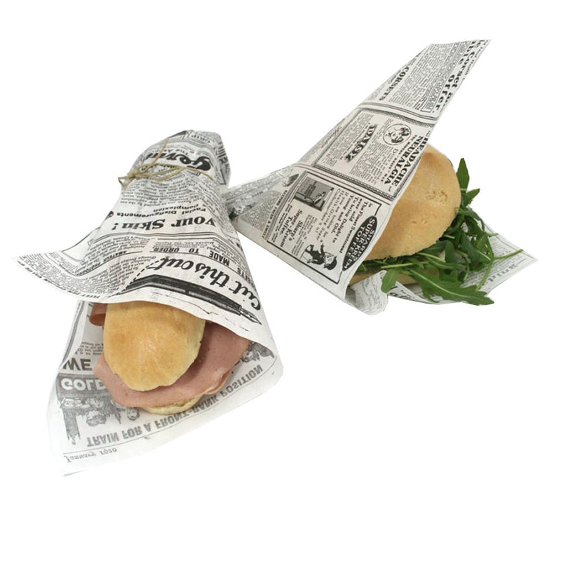 Carta alimentare con fantasia nera su base bianca giornale retò che avvolge con spago due panini 