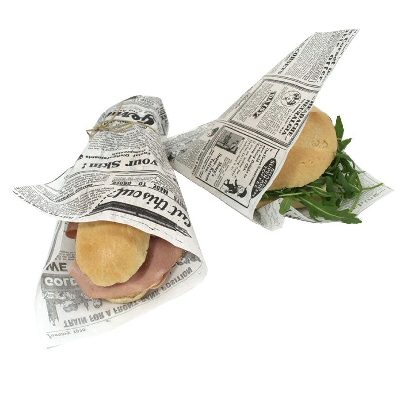 Carta alimentare con fantasia nera su base bianca giornale retò che avvolge con spago due panini 