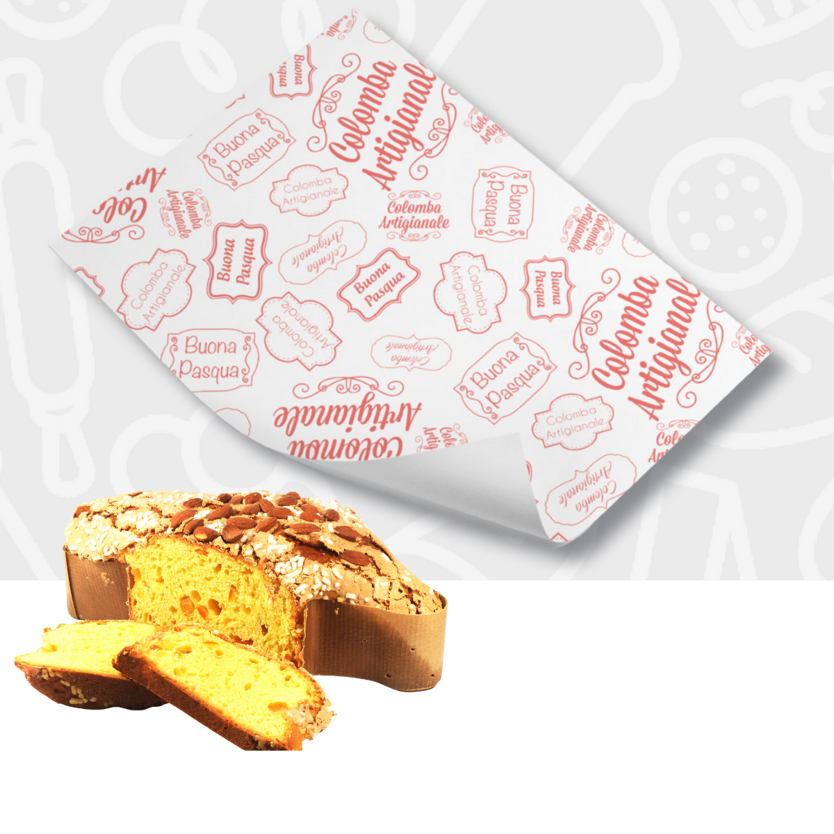 Carta alimentare bianca con scritte rosse legate alla pasqua vicino ad una colomba pasquale