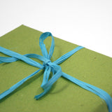 Dettaglio di un pacco avvolto da carta paglia verde e nastro di rafi aazzurro