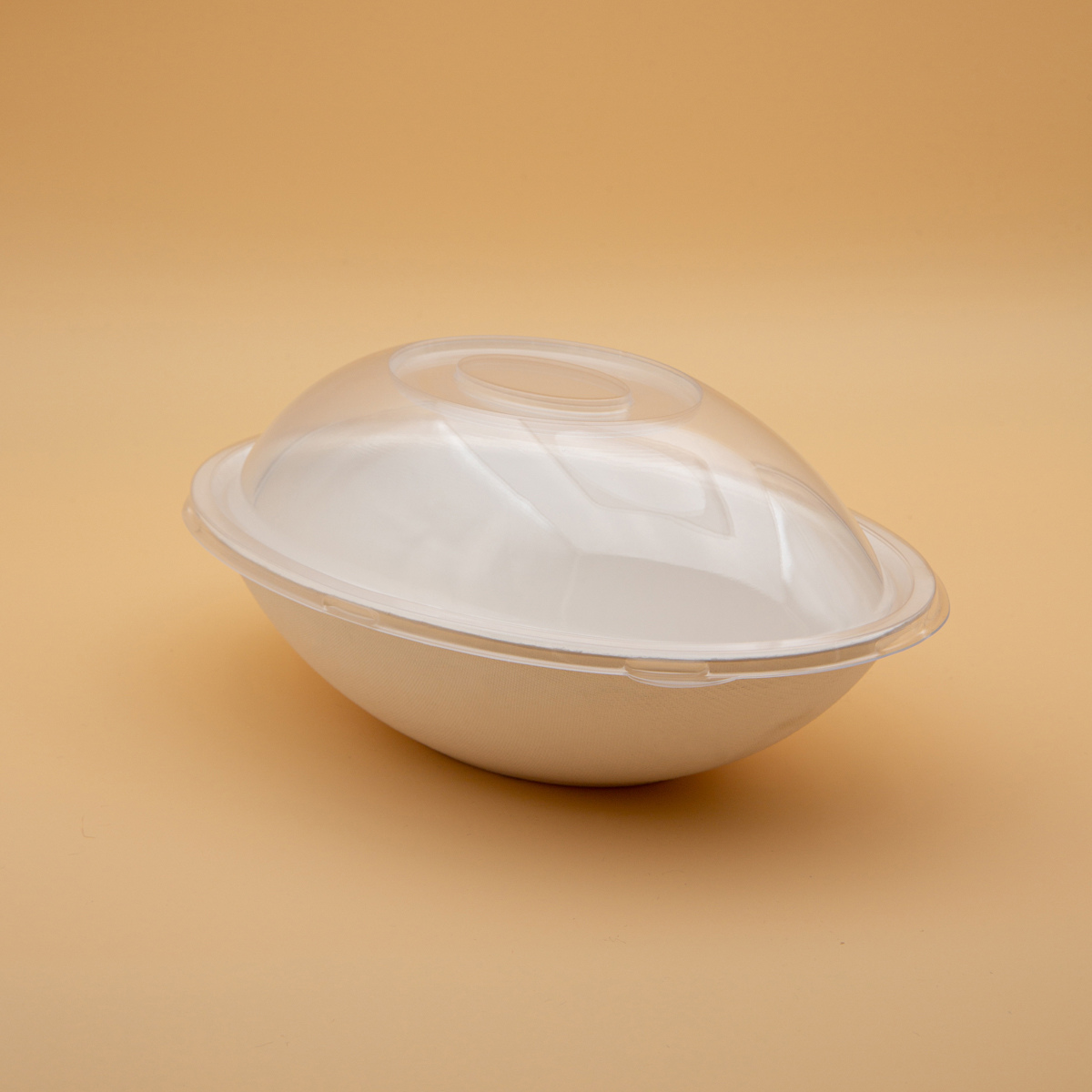 Ciotola cibo da asporto, base ovale di cartoncino e coperchio trasparente a cupola