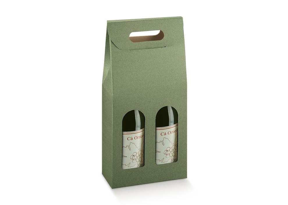 Confezione per due bottiglie di vino, di cartone verde con due finestre 