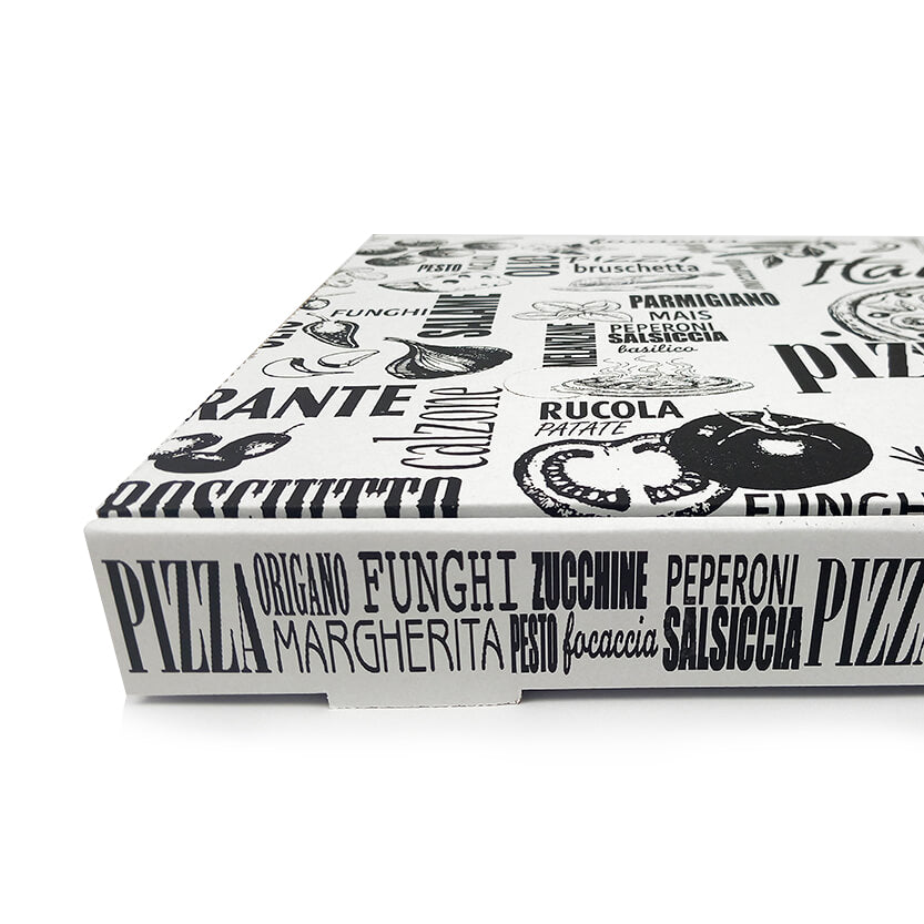 Dettaglio scatola pizza bianca con scritte nere 