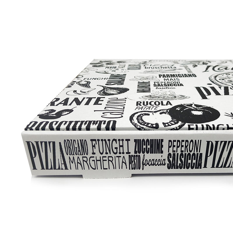 Dettaglio scatola pizza bianca con scritte nere 