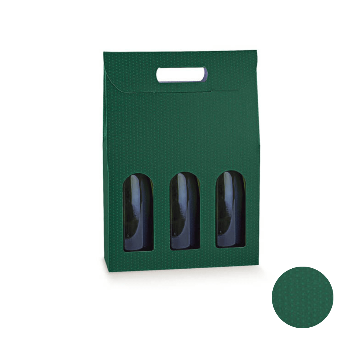 Scatola di cartone color verde con tre finestre per bottiglie di vino