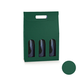 Scatola di cartone color verde con tre finestre per bottiglie di vino
