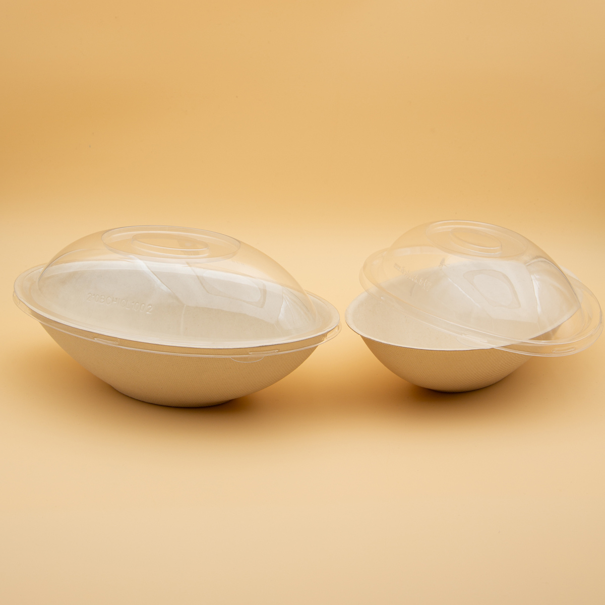 Ciotole ovali due misure diverse, vuote, base cartone avana e coperchio a cupola trasparente 