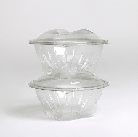 Ciotole di plastica trasparenti con coperchio attaccato impilate, due e vuote 