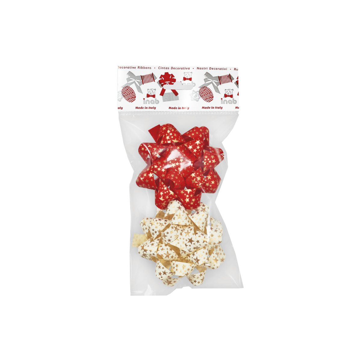 Coccarde, per regalo, nell loro busta, una rossa con stelline dorate ed una bianca sempre con stelline dorate 