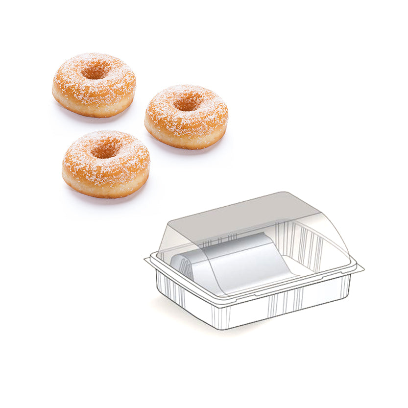 Disegno di confezione trasparente con coperchio di plastica per ciambelle e tre ciambelle