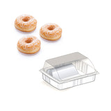 Disegno di confezione trasparente con coperchio di plastica per ciambelle e tre ciambelle