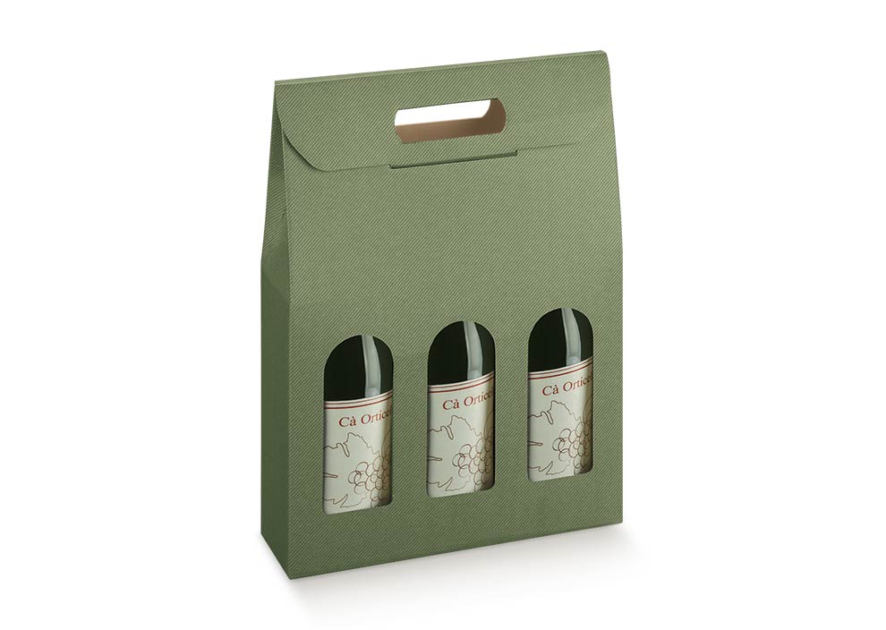 Scatola porta vino in cartone verde con finestre, per tre bottiglie 