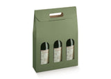 Scatola porta vino in cartone verde con finestre, per tre bottiglie 
