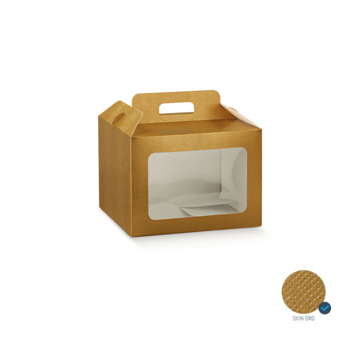 Scatola con manico e finestra color oro vuota 