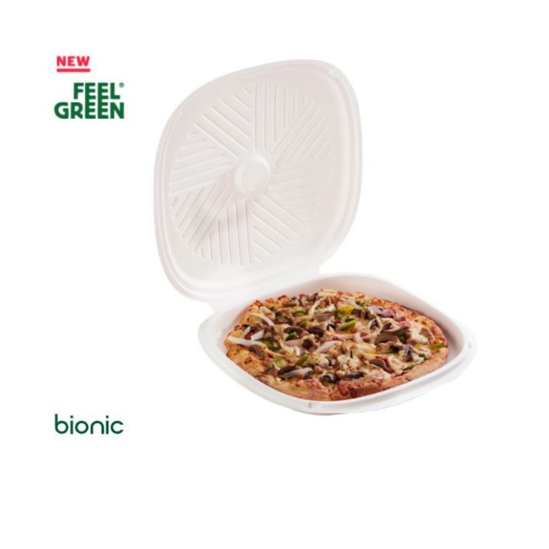 Contenitore con coperchio per pizza, bianco, con una pizza dentro 