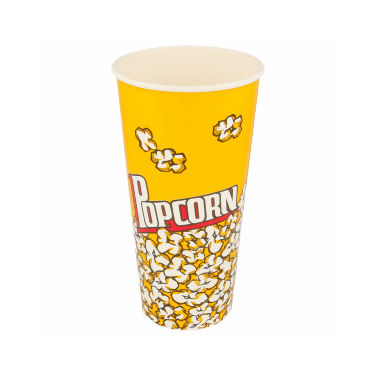 Contenitore per pop corn, giallo con disegni di pop corn e scritta