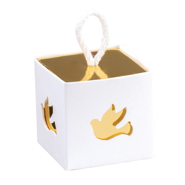 Cubotto bianco con decori di colomba dorata e laccetto