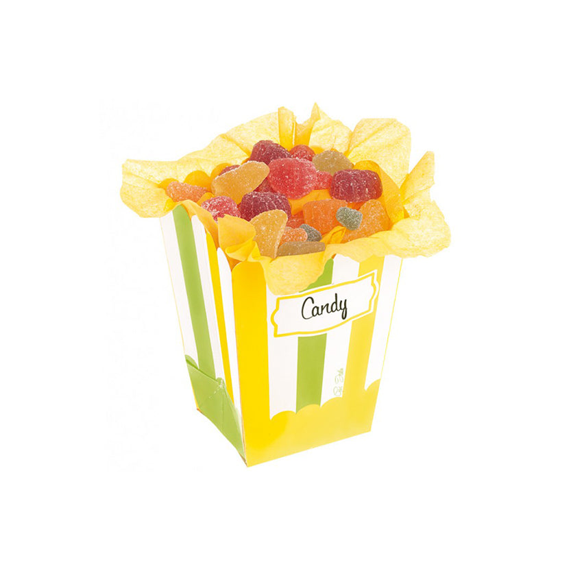 Scatola di cartone a righe bianchi, verde e gialle con scritta candy piena di gommose 
