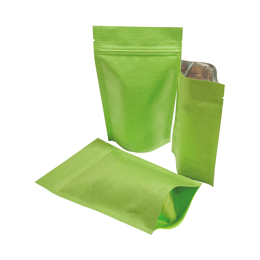 Buste con zip color verde, tre diverse misure