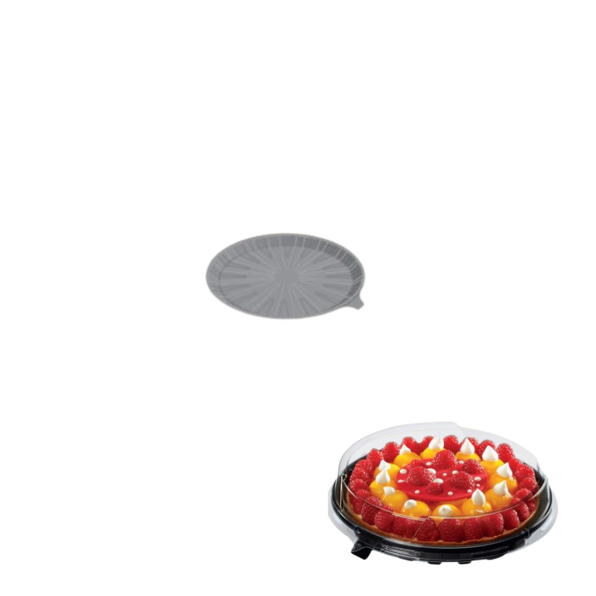 Scatola porta torte base tonda nera e coperchio trasparente, mostrata nella sola base e chiusa con torta dentro
