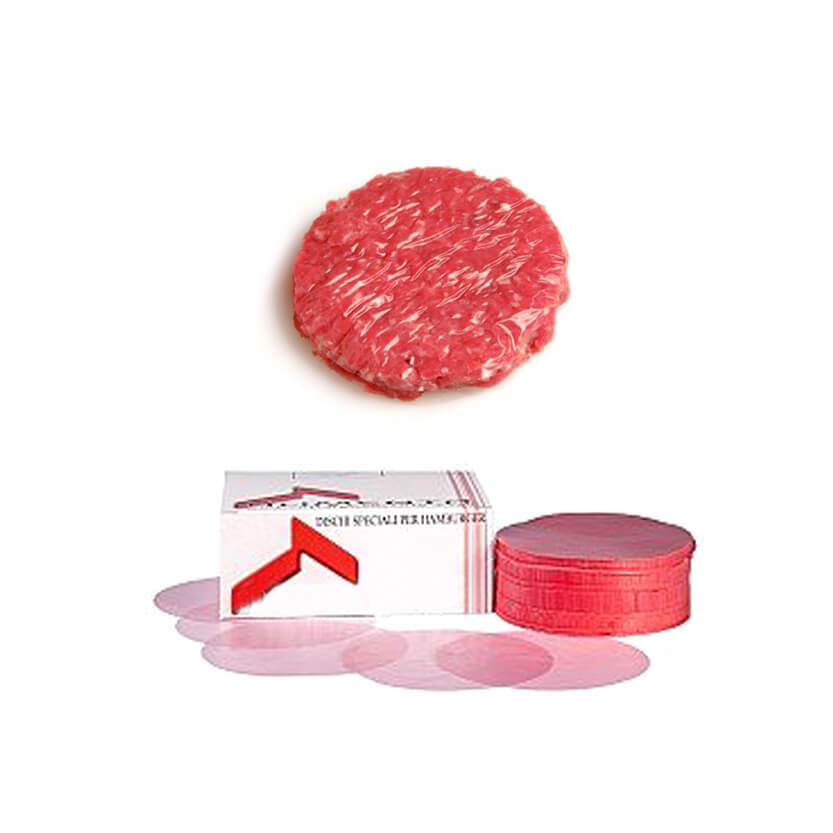 Dischi di plastica per hamburger mostrati all'uso, impilati e nella confezione 