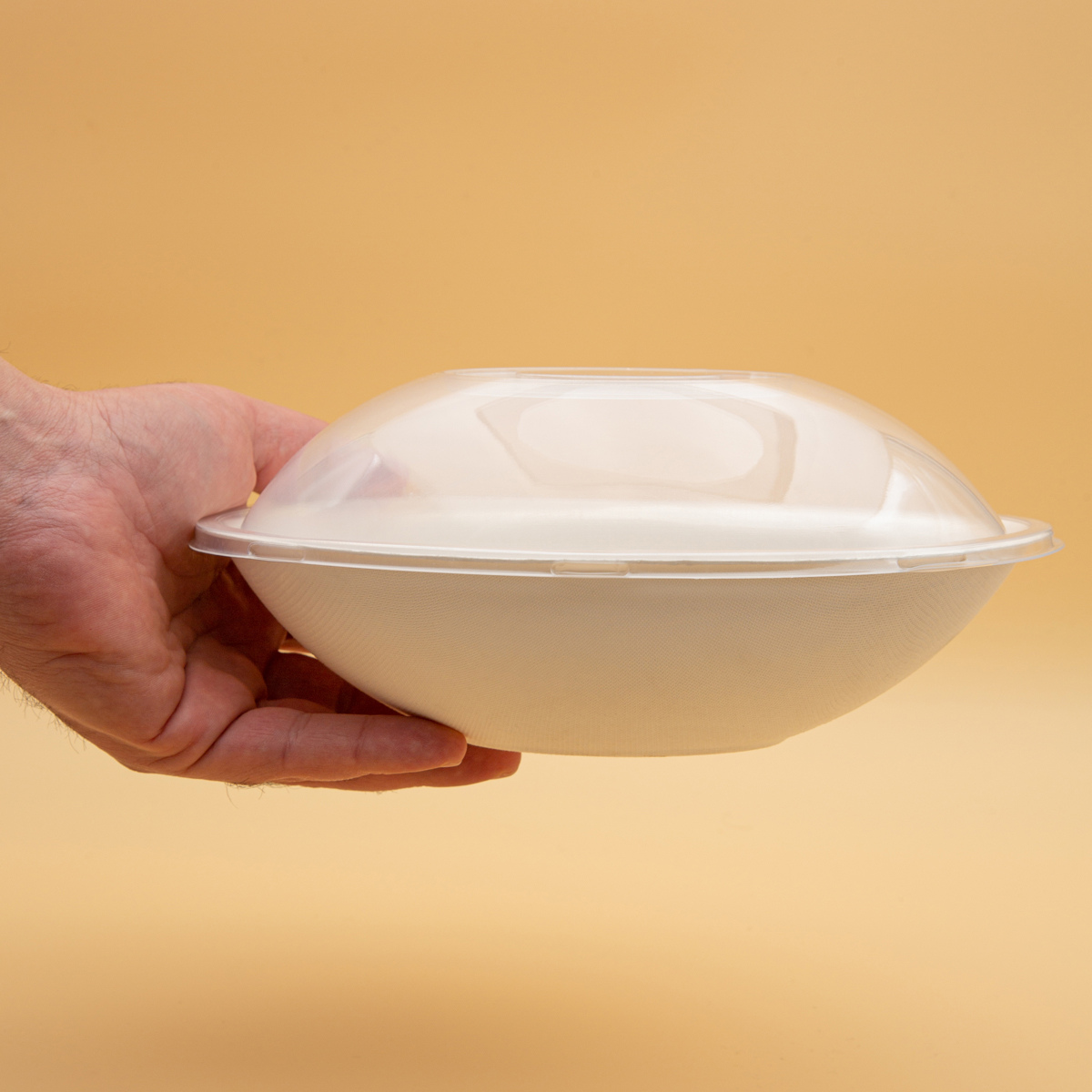 Mano che regge piatto cupo di plastica con cupola trasparente 