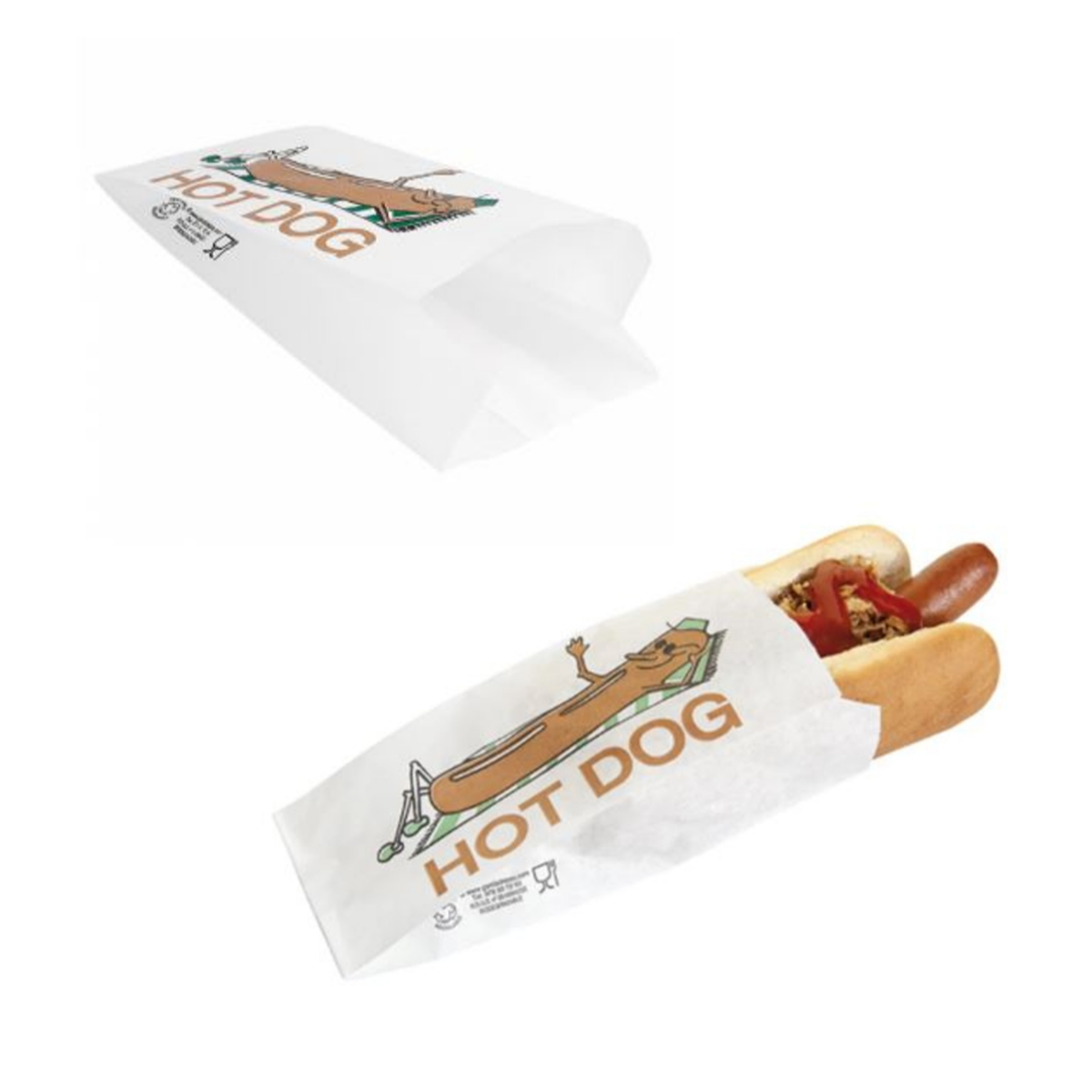 Busta di carta per hot dog, vuota e con hot dog dentro