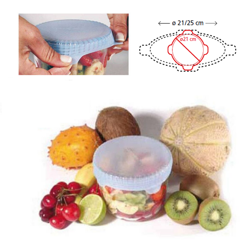 Ciotola di plastica con coperchio elastico mostrata piena vicino a frutta, con mani che la chiudono e suo disegno tecnico 