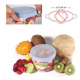 Ciotola di plastica con coperchio elastico mostrata piena vicino a frutta, con mani che la chiudono e suo disegno tecnico 