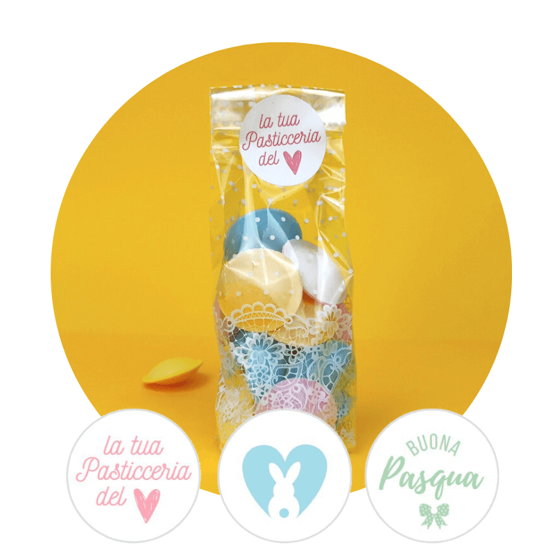 Etichette adesive onde personalizzate e dimostrazione su busta trasparente 